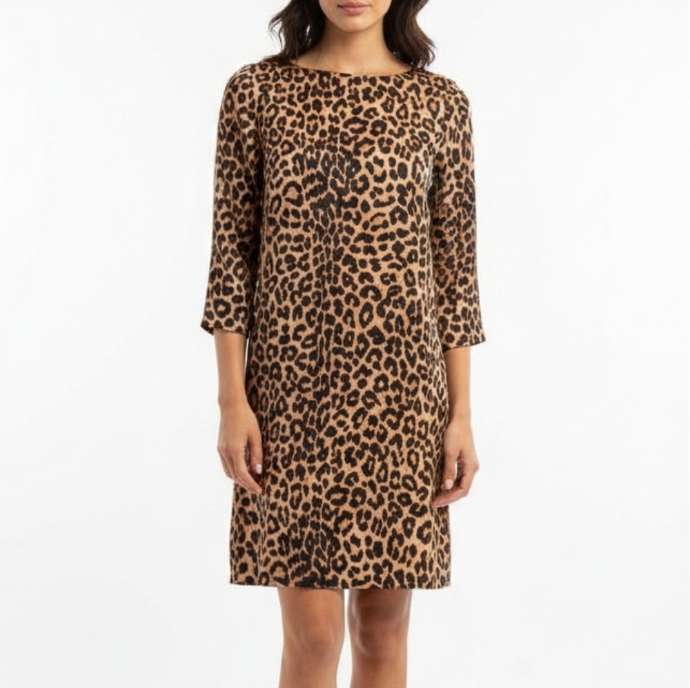 Jones New York Leopard Shift Dress Silky 3/4 Sleeve Zip Shoulder Womens Size 6